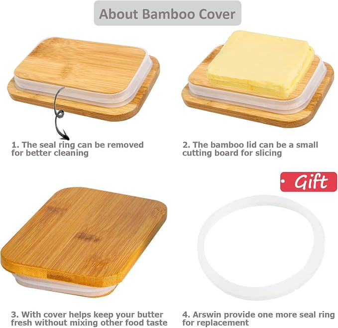 Butter Dish with Lid, Porcelain Keeper with Wood Lid Cover - Image 4