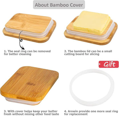 Butter Dish with Lid, Porcelain Keeper with Wood Lid Cover - Image 4