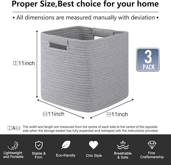 OIAHOMY Storage Cubes 11 Inch Bins-3-Pack, Cotton Rope Woven Baskets - Image 3