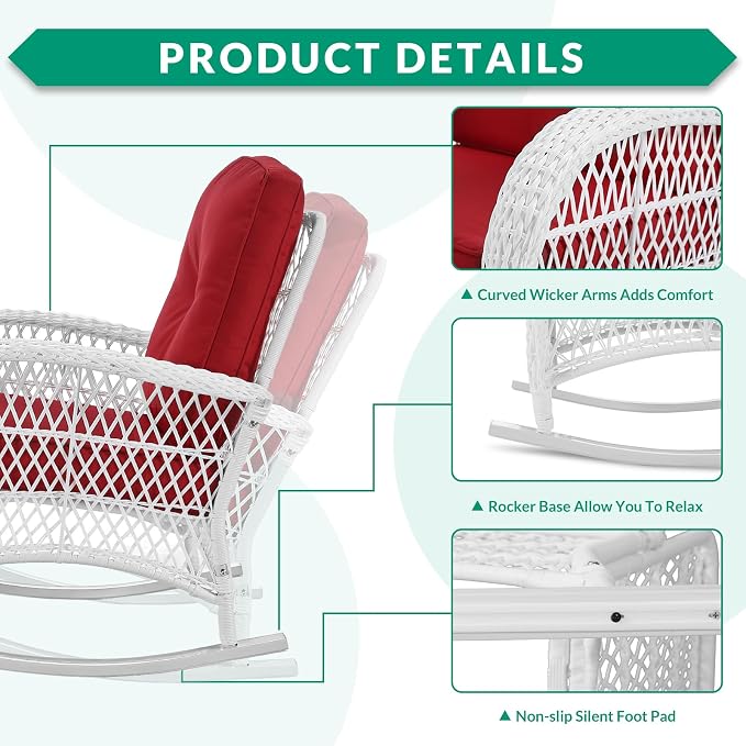 VIVIJASON 2 Piece Patio Wicker Rattan Rocker Chair, Outdoor Rattan Rocker Chair - Image 4