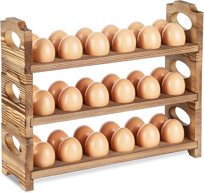Wooden Egg Holder & Storage-3Tier /36-Hole Stackable Holds Fresh Eggs, by AOOHOOA