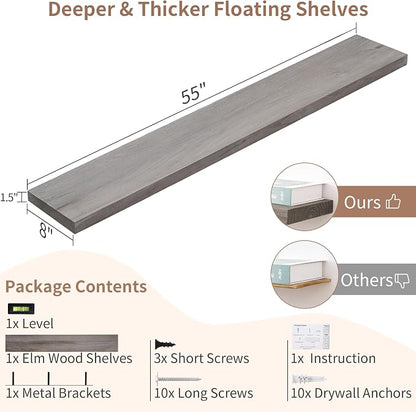 Axeman Floating Shelves for Wall, Rustic Elm Wood 56'' W x 8" D Wall Shelf - Image 3