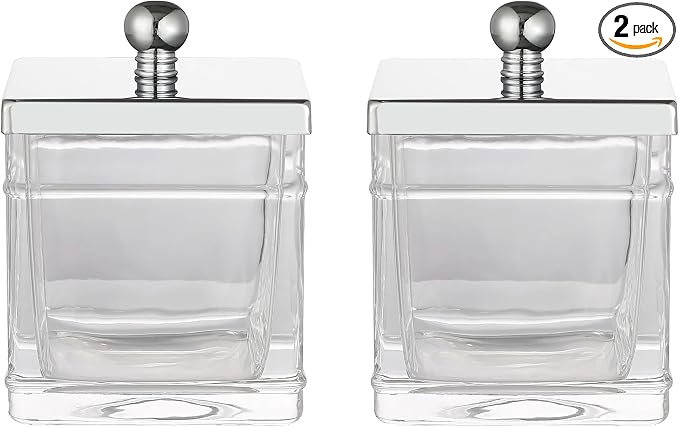 Glass Cotton Jar Holder 2 Pack– Silver/Chrome Lid, Elegant Bathroom Storage by IndecorHome