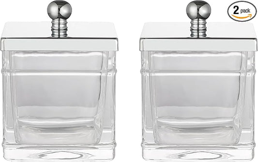 Glass Cotton Jar Holder 2 Pack– Silver/Chrome Lid, Elegant Bathroom Storage by IndecorHome