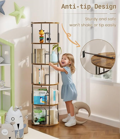 5 Tier Rotating Bookshelf Tower Round, Tall Floor Standing Spinning Bookshelf - Image 6
