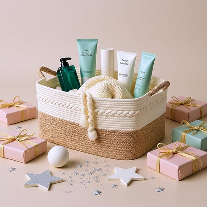 Decorative laundry basket with handles woven from natural cotton rope storage - Image 3