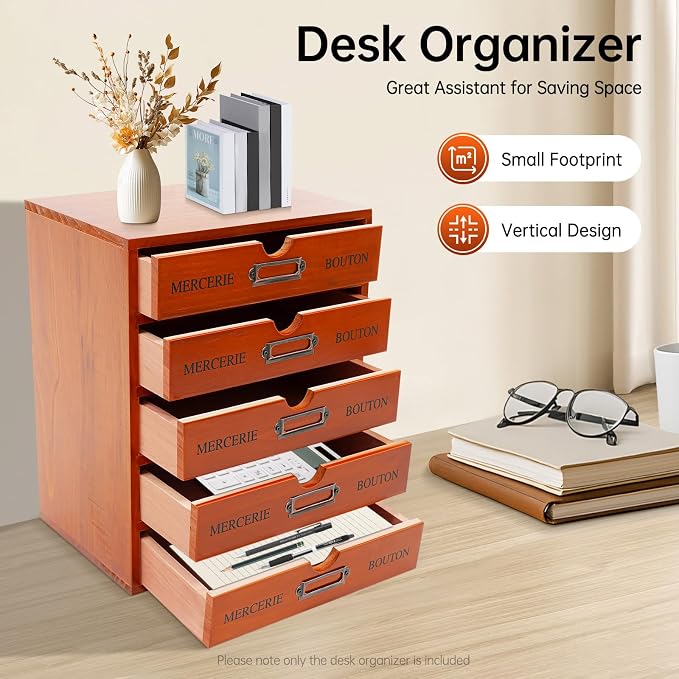 Vintage 5-Drawer Wooden Desk Organizer, Apothecary Cabinet & Library Card - Image 7