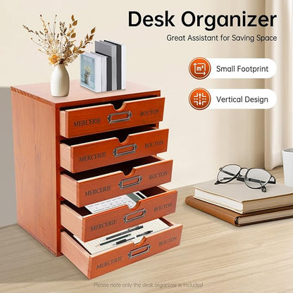 Vintage 5-Drawer Wooden Desk Organizer, Apothecary Cabinet & Library Card - Image 7