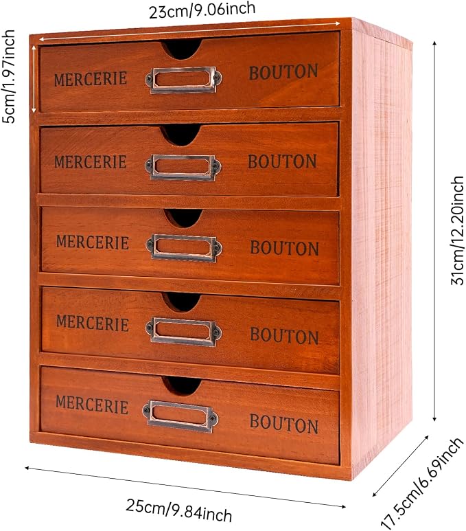 Vintage 5-Drawer Wooden Desk Organizer, Apothecary Cabinet & Library Card - Image 2