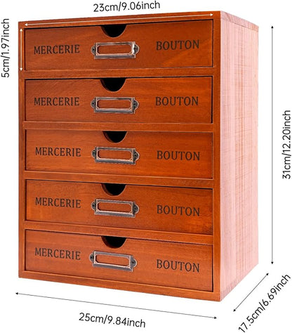 Vintage 5-Drawer Wooden Desk Organizer, Apothecary Cabinet & Library Card - Image 2