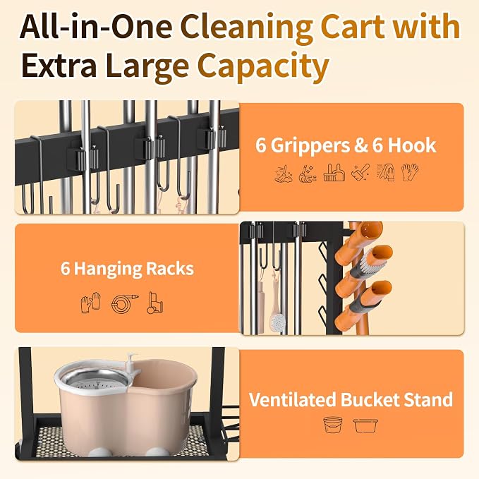 Broom Holder with Cleaning Supplies Organizer Load 160 LBS Cleaning Cart with - Image 4