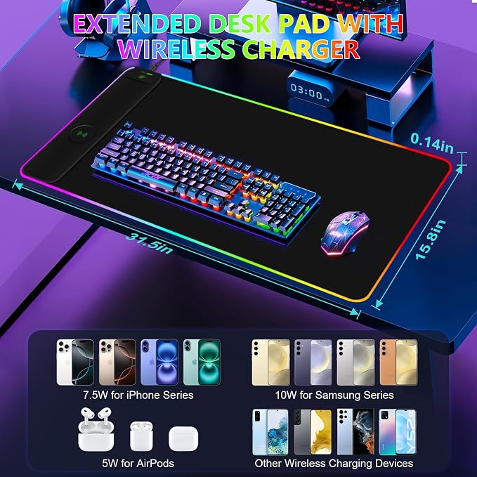 Magnetic Wireless Charging RGB Mouse Pad, 31.5'' x 15.8'' Large LED Gaming Desk - Image 3