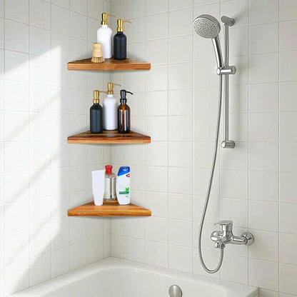ENKEZI Acacia 2, 3 Tiers Corner Shower Shelf, Triangular Corner Shelf Wooden - Image 6