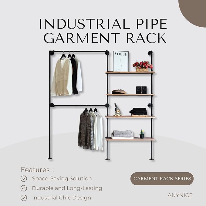 Industrial Pipe Clothing Rack, Wall Mounted Garment Black Wall Hanging Clothing - Image 2