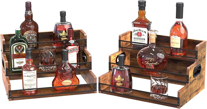 Liquor Bottle Display Shelf, Coffee Syrup Rack Organizer, 2 Pack 3 Step by Alyoen