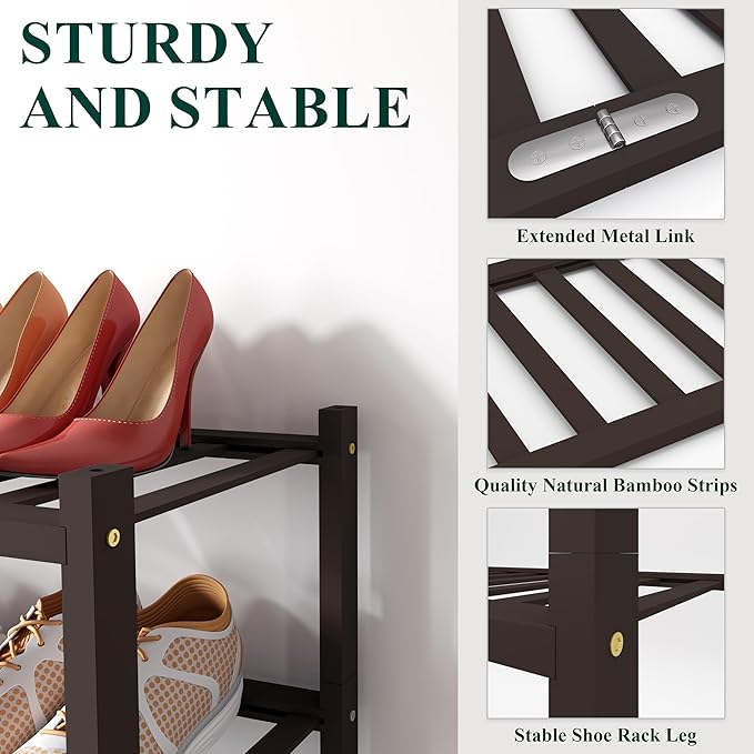 Smiry Bamboo Shoe Rack for Closet, 4 Tier Wooden Stackable Shoe Organizer - Image 3