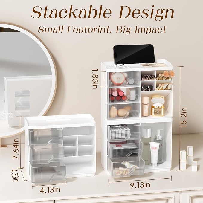 Small Makeup Organizer with Drawers, Stackable Bathroom Couneter Organizer with - Image 3