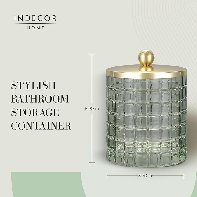 Sage Colored Tranlucent Apothecary Etched Geometric Grid Glass Jar W/Gold Metal - Image 6