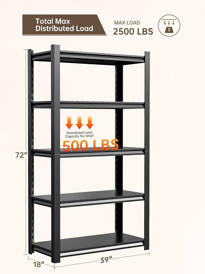 JHYKHG 39" W Storage Shelves, 5-Tier Heavy Duty Garage Shelving, Adjustable - Image 3