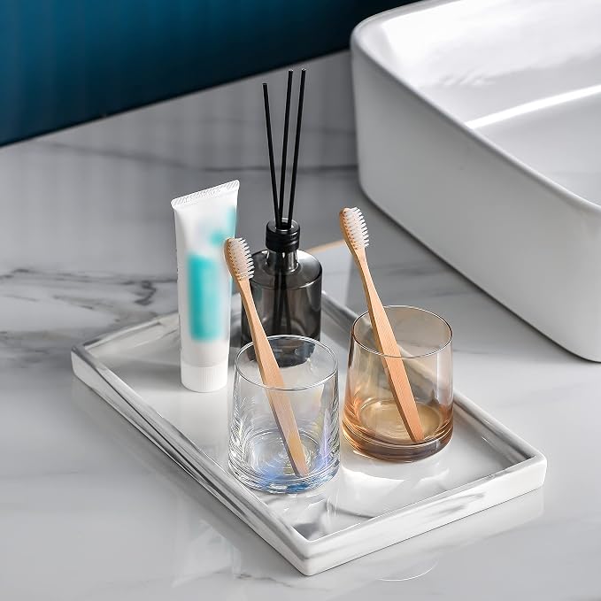 Vanity Bathroom Tray, Perfume Organizer Jewelry Plate Holder White Marble Tray - Image 2