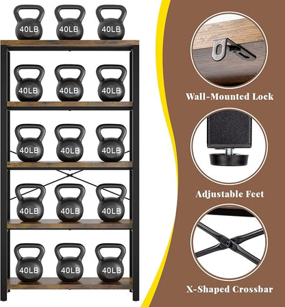 5-Tier Adjustable Heavy Duty Bookshelf, Industrial Wooden Open Storage Rack - Image 4