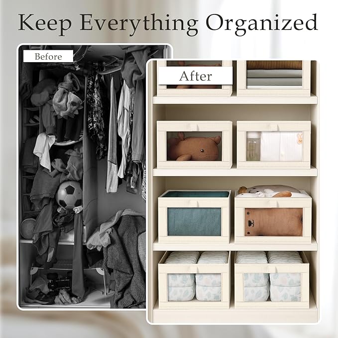 Criusia Beige Linen Closet Organizers and Storage, 8 Pack Foldable Mesh Window - Image 2