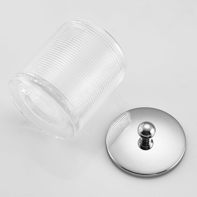 Clear Transparent Apothecary Ribbed Geometric Etched Glass Jar W/Silver/Chrome - Image 6