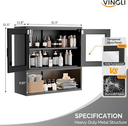 VINGLI Metal Wall Cabinet with Locking Glass Doors & Magnetic LED Sensor Light - Image 3
