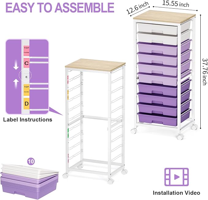 Rolling Cart with Drawers, 10 Drawer Rolling Cart, Storage Cart with Wheels - Image 2