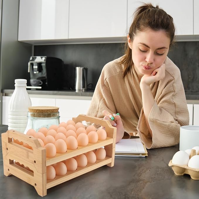 Egg Holder, 2 Tier Egg Holder Countertop, Bamboo Egg Organizer and Storage - Image 4