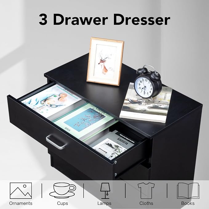 Karl home 3 Drawer Dresser, Modern Storage Chest of Drawers, Wood Bedside Table - Image 4