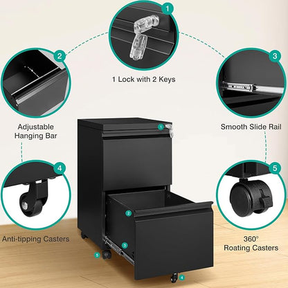 SISESOL Assembled 2 Drawer File Cabinet on Wheels, Metal Filing Cabinet - Image 6