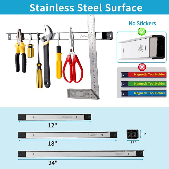 6 Pieces 18" Magnetic Tool Holder Strip, Stainless Steel Surface Tool Magnet Bar - Image 4