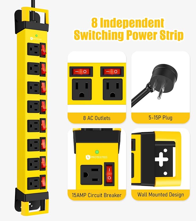 Heavy Duty Power Strip with Individual Switches, 8 Outlets 14 Gauge Industrial - Image 7