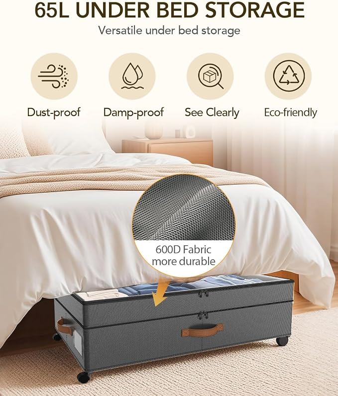Under Bed Storage with Wheels, 10 inches Under Bed Storage Containers, 65L XXL - Image 4