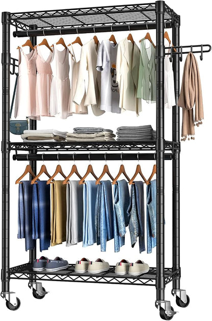 Heavy Duty Clothes Rack Rolling Garment Rack, 3 Tier Adjustable Wire Shelving by Golpart