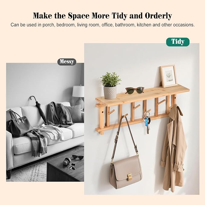 Coat Rack Wall-Mounted with Shelf Coat Hooks Wall Mount with Shelf Entryway - Image 5