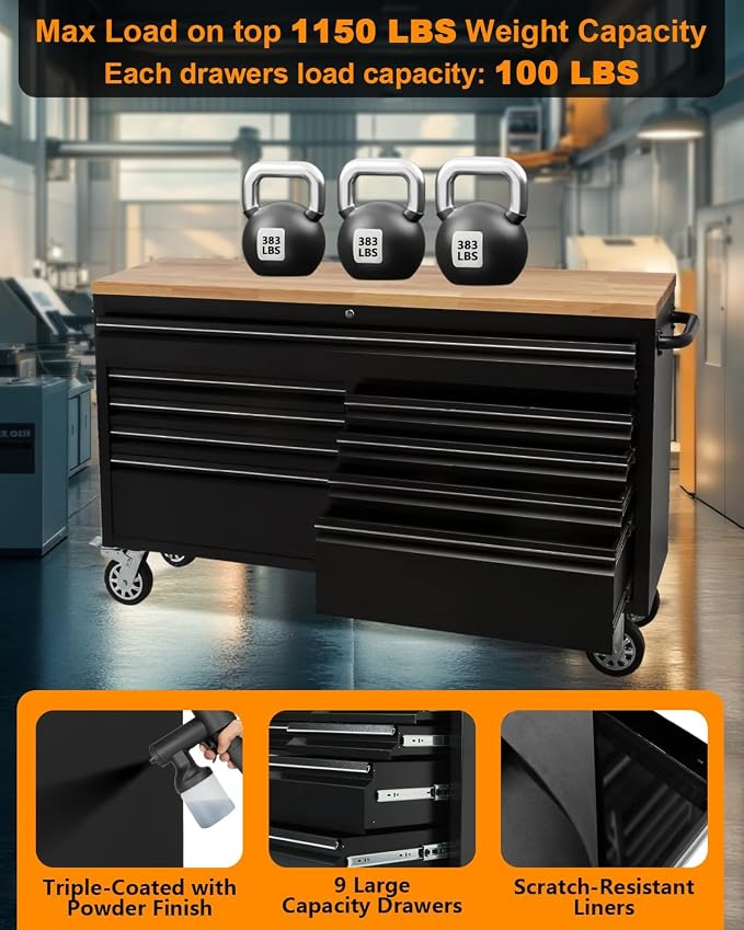 61 Inch Tool Chest, Tool Box Mobile Workbench, 9 Drawers Storage Lockable - Image 6