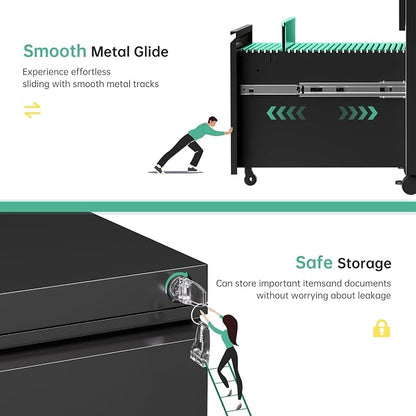 Bonusall 3 Drawer Black File Cabinet, Fully Assembled Metal Rolling Filing - Image 6