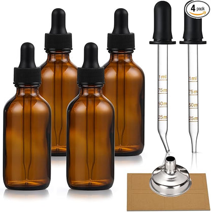 4 Pack, 1 oz Amber Glass Dropper Bottles Plus 2pcs Graduated Calibrated Glass by AOZITA
