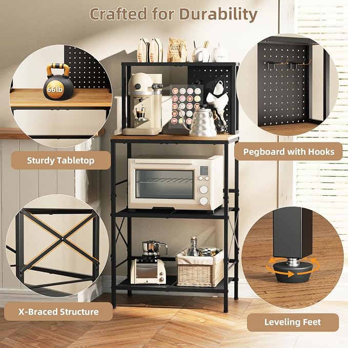 Kitchen Bakers Rack with Pegboard, 4-Tiers Coffee Bar Table, Heavy-Duty Metal - Image 8