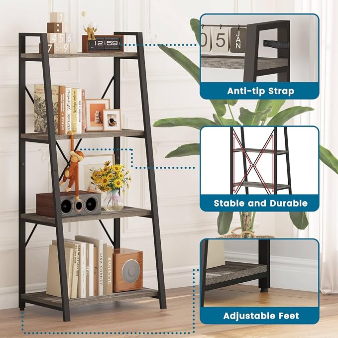 BON AUGURE Ladder Bookshelf, 4 Tier Ladder Shelf Bookcase, Wood Leaning Book - Image 3