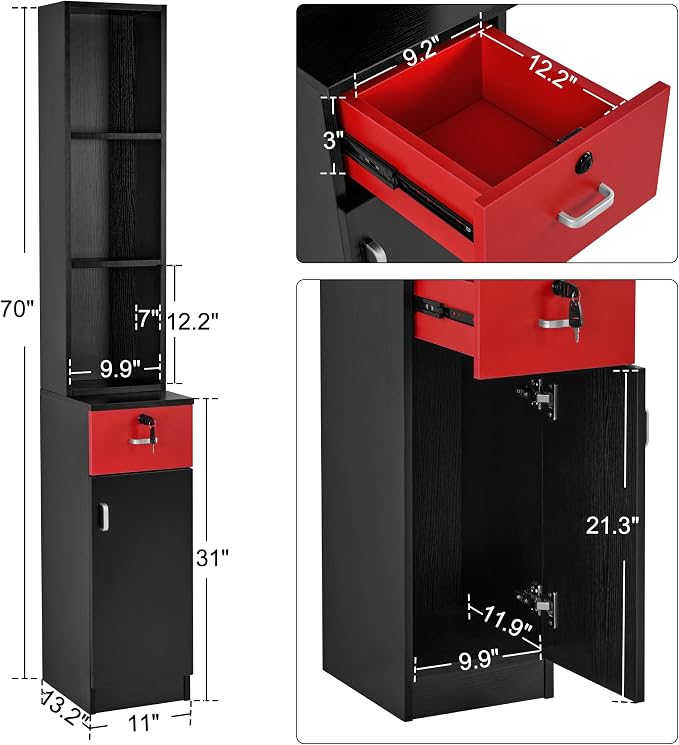 BarberPub Locking Wall Mount Hair Styling Barber Station Drawer Storage Beauty - Image 2