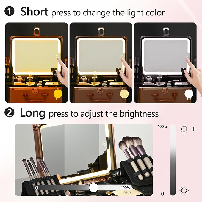 Rose Gold Makeup Case with Lighted Mirror, Detachable LED Mirror, Travel Makeup - Image 5