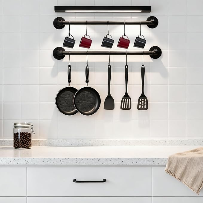 Pan Pot Lid Organizer Set of 2 Wall Mounted Industrial Pipe Kitchen Hanger Rack - Image 7