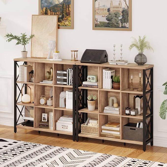 FATORRI 9 Cube Storage Bookshelf, 4 Shelf Book Shelf, Farmhouse Wood and Metal - Image 6