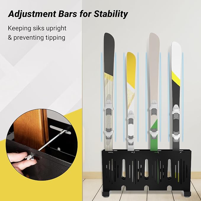 4-Pair Ski Storage Rack w/Width-Adjustable Fixing Bars, Heavy Duty Metal - Image 3