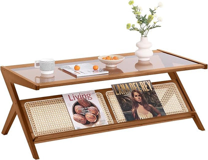 Tiita Rattan Coffee Table, Bamboo Accent Bedside Tables, Glass Nightstand Side by TiitaHome