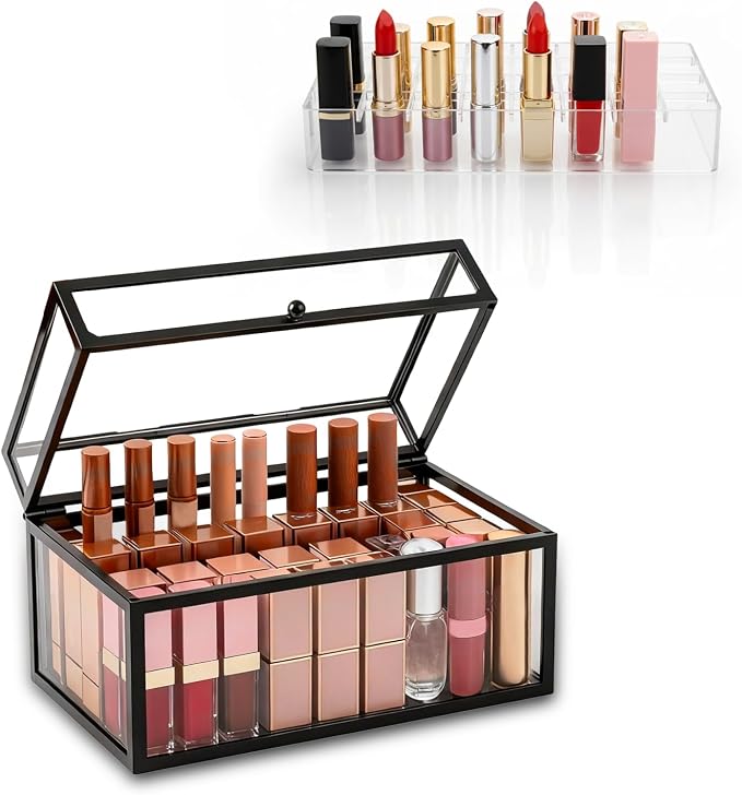 40 Lipsticks Organizer with Lid, Glass Display Box Fits Large Perfume & Skincare by Krdrgey