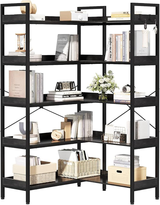 KOUSEI 5-Tier Corner Bookshelf, Reversible L-Shaped Bookcase by KOUSEI